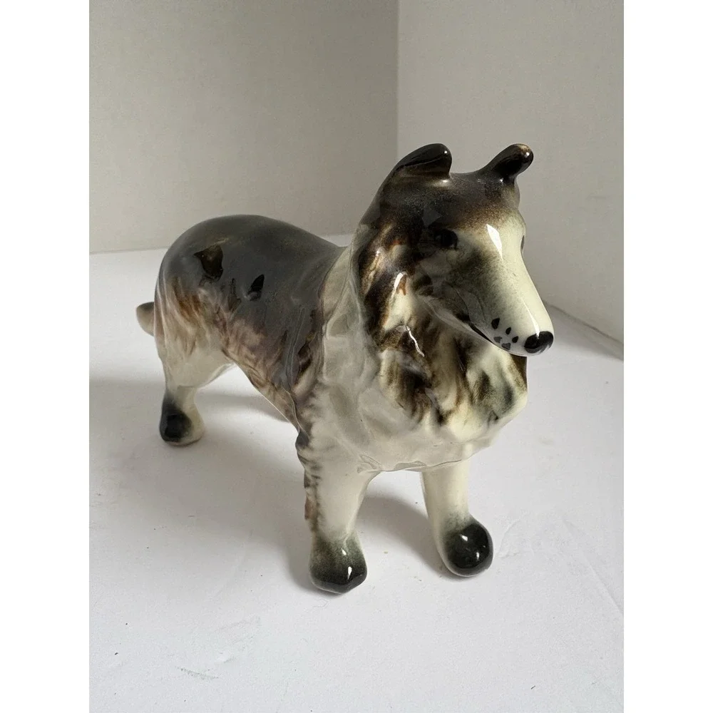 Vintage  Ceramic Porcelain  Border Collie Dog Figurine Trio Black Brown White